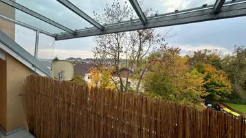 Überdachter Balkon mit Glasdach und Blick ins Grüne sowie auf umliegende Häuser.