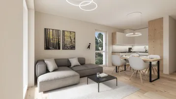 Helles, offenes Wohn-Esszimmer mit moderner Küche, Holzboden und großen Fenstern mit Ausblick.