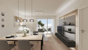 Heller, offener Wohn- und Essbereich mit Holzboden, modernem Design und Zugang zum Balkon.