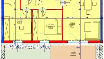Detaillierter Grundriss einer Erdgeschosswohnung mit Garten, Loggia und mehreren Zimmern.
