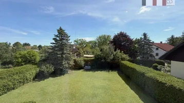 Panoramablick auf den weitläufigen Garten mit Rasenfläche und hohen Bäumen.