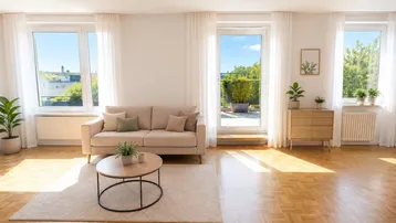 Helles Wohnzimmer mit Parkettboden, beigem Sofa und Zugang zu einer Terrasse.