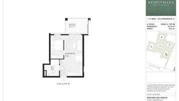 Detaillierter Grundriss einer Wohnung mit Wohnküche, Bad und Zugang zu einem Balkon.