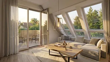 Lichtdurchflutetes Wohnzimmer mit schrägen Dachfenstern, Holzboden und direktem Zugang zum Balkon.