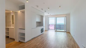 Heller Wohnbereich mit integrierter Küchenzeile, Parkettboden und Zugang zu einem Balkon.