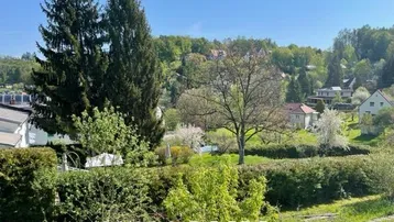 Weitläufiger Blick über eine grüne Hügellandschaft mit vereinzelten Häusern und viel Natur.