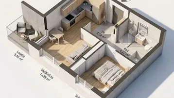3D-Grundriss einer modernen Wohnung mit offener Küche, Wohnbereich, Schlafzimmer und Loggia.