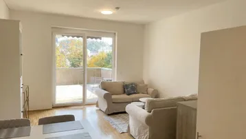 Helles Wohn- und Esszimmer mit Holzboden und Zugang zu einer großzügigen Terrasse.