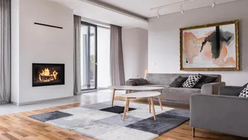 Helles Wohnzimmer mit modernem Kamin, Holzboden und Zugang zu einem Balkon oder einer Terrasse.