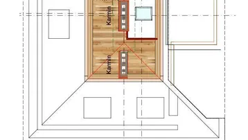 Grundriss der Galerieebene mit Kamin und Blick auf den darunterliegenden Bereich.
