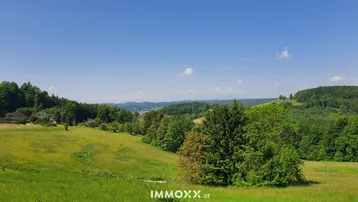 Weitläufige grüne Landschaft mit Wäldern und Hügeln unter blauem Himmel.