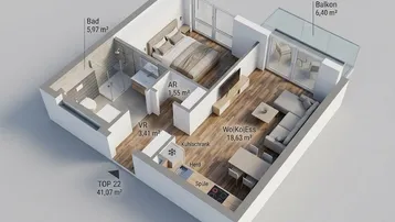3D-Grundriss einer modernen Wohnung mit Schlafzimmer, Bad, Wohn-Essbereich und Balkon.
