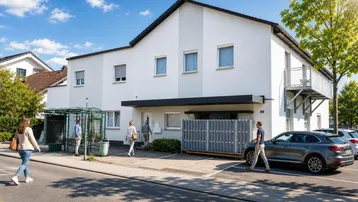 Modernes weißes Gebäude mit klaren Linien, umgeben von Grün und mit Parkmöglichkeiten.