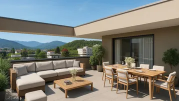 Geräumige Dachterrasse mit bequemen Loungemöbeln, Esstisch und malerischem Bergblick.