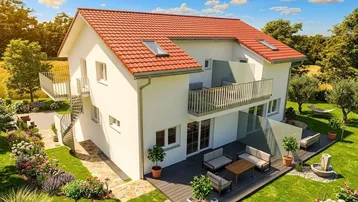 Modernes Einfamilienhaus mit rotem Ziegeldach, großer Holzterrasse und gepflegtem Garten.