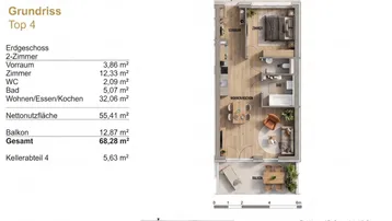 Detaillierter Grundriss der Wohnung Top 4 mit offenem Wohn-/Kochbereich und Balkon.