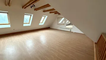 Geräumiger Dachbodenraum mit sichtbaren Holzbalken, Dachschrägen und mehreren Dachfenstern.