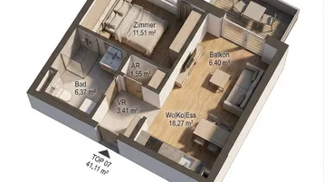 Grundriss einer kompakten Wohnung mit Schlafzimmer, Bad, offenem Wohnbereich und Balkon.