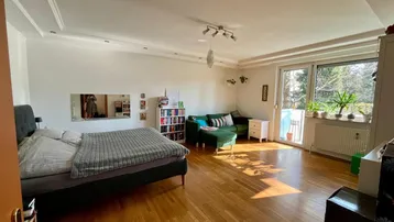 Geräumiges Wohnzimmer mit Holzboden, Schlafbereich und Zugang zu einem sonnigen Balkon.