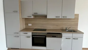 Moderne Einbauküche in Grau mit Holzoptik-Arbeitsplatte, ausgestattet mit Ofen und Geschirrspüler.