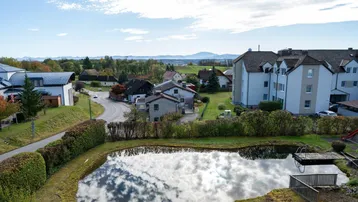 Panoramablick auf die ländliche Umgebung mit einem Teich, Wohnhäusern und fernen Bergen.