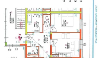 Grundriss der Wohnung TOP 3 im 1. Stock mit 80,97 m² Wohnfläche und Balkon.