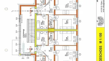Grundriss des ersten Obergeschosses mit zwei Wohneinheiten, jeweils mit offenem Wohn-Essbereich, Schlafzimmern, Bad und Balkon.