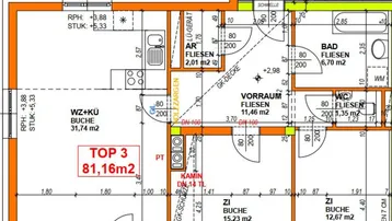 Grundriss der Wohnung TOP 3 mit 81,16m², offenem Wohn-Essbereich, zwei Schlafzimmern, Bad, separatem WC und Balkon.