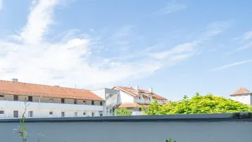 Weitläufiger Blick auf die umliegende Wohngegend mit blauem Himmel und grünen Bäumen.