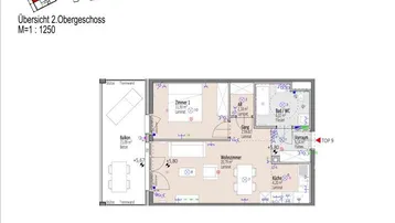 Grundriss der Wohnung TOP 9 im 2. Obergeschoss mit Balkon und offener Wohnküche.