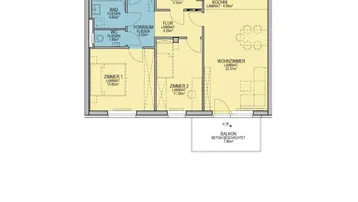 Grundriss einer Wohnung im Obergeschoss mit zwei Schlafzimmern, Bad, Küche und Balkon.
