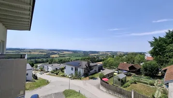 Weitläufiger Blick über die grüne Landschaft mit Feldern und umliegenden Häusern an einem sonnigen Tag.
