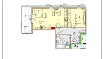 Grundriss einer Wohnung mit offenem Wohnbereich, Balkon und einem Badezimmer mit Badewanne.