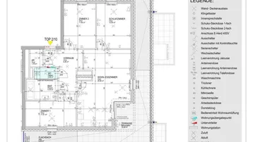 Detaillierter Grundriss einer Wohnung mit mehreren Zimmern, separatem WC und großer Terrasse.
