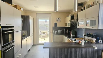Moderne Küche mit integrierten Geräten, Kochinsel und Zugang zu einer Außenterrasse.