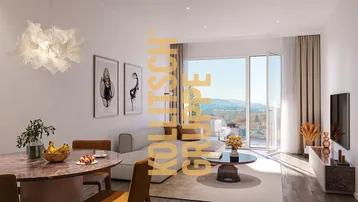 Heller Wohn- und Essbereich mit modernem Design, Holzboden und weitem Ausblick auf die Landschaft.
