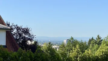 Weitblick über Baumwipfel auf eine Stadtlandschaft mit Bergen am Horizont unter klarem Himmel.