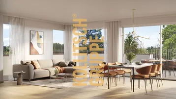 Heller, offener Wohn- und Essbereich mit modernem Design, Holzboden und Zugang zu einem großen Balkon.