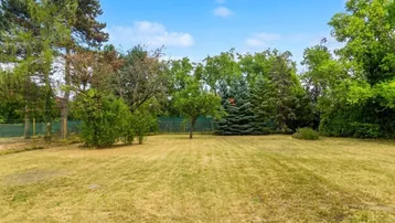 Großer Gartenbereich mit Rasenfläche und verschiedenen Bäumen im Hintergrund unter blauem Himmel.