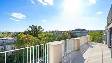 Sonnige Dachterrasse mit weitem Blick über die Stadt und viel Grün.