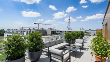 Geräumige Dachterrasse mit moderner Lounge-Möblierung, Topfpflanzen und weitem Stadtblick.