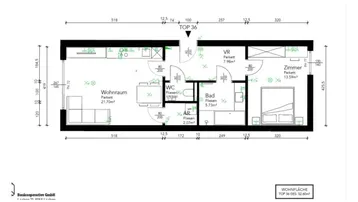 Detaillierter Grundriss einer Wohnung mit Wohnraum, Schlafzimmer, Bad und separatem WC.