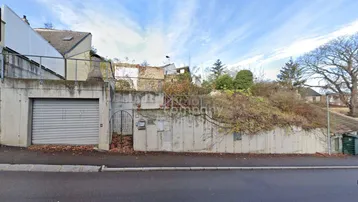 Ansicht der Immobilie von der Straße mit Garagenzufahrt und einer Böschung mit Bewuchs.