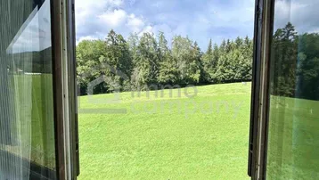 Blick aus dem Fenster auf eine weite grüne Wiese und bewaldete Hügel unter bewölktem Himmel.