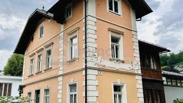 Klassisches Mehrfamilienhaus mit traditioneller Architektur und dekorativen Fassadenelementen unter bewölktem Himmel.