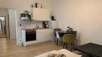 Heller Wohn- und Schlafbereich mit integrierter Küchenzeile und Essplatz, ideal für ein Studio-Apartment.