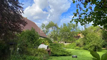 Großer Gartenbereich mit Rasenfläche, Bäumen und einem traditionellen Pizzaofen im Freien.