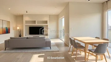 Heller, offener Wohn- und Essbereich mit modernem Design und Zugang zum Außenbereich.