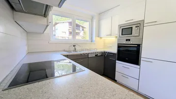 Moderne Einbauküche mit weißen und grauen Fronten, Induktionskochfeld und Fensterblick.