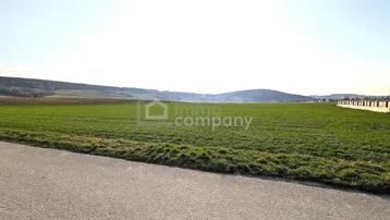 Weite grüne Felder mit Hügeln im Hintergrund und einer Straße im Vordergrund unter klarem Himmel.
